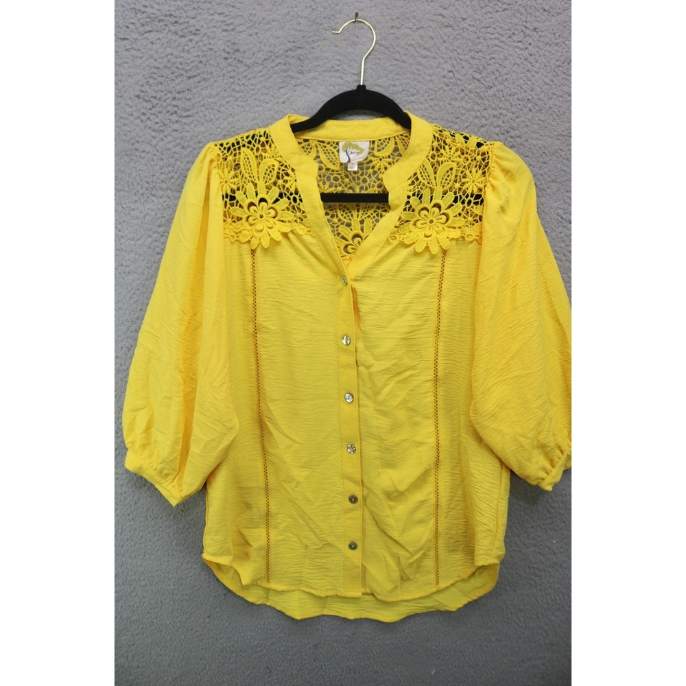 Fig & Flower 3/4 Balloon Sleeves Embroidered Yellow Tunic-Small-Minimalist